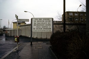 Sign advising people that there are leaving the American sector at Berlin's Checkpoint Charlie.